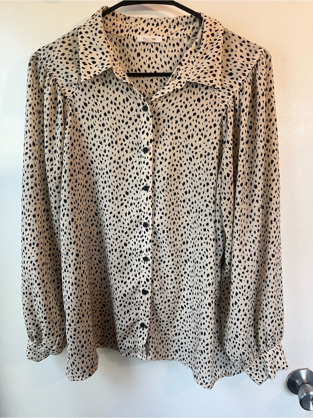 Pleione Beige Blouse with Black Spot Print Button-Down